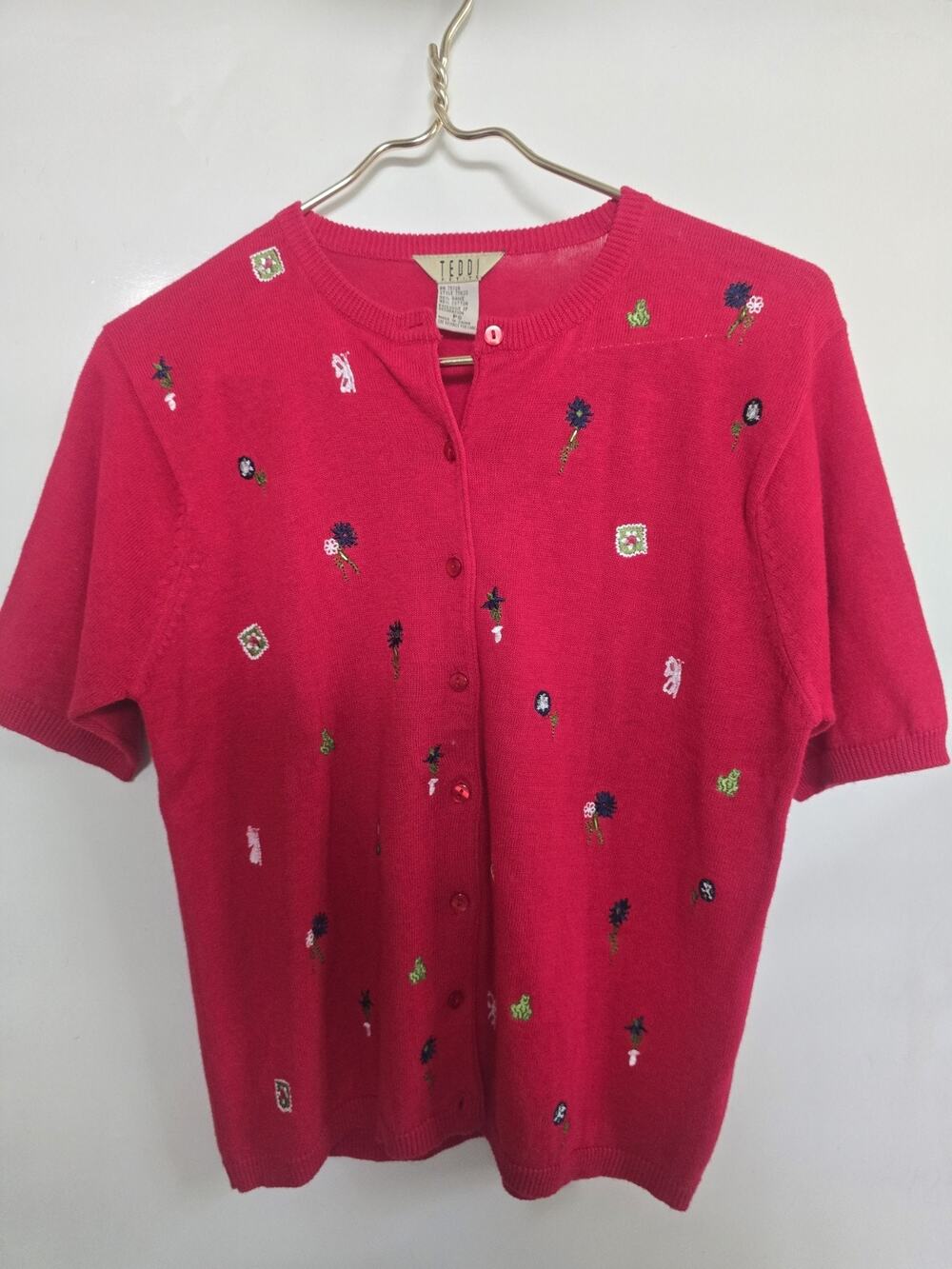 Vtg Teddi Embroidered Cardigan Button Up s/s Cottage Whimsical Grannycore Medium